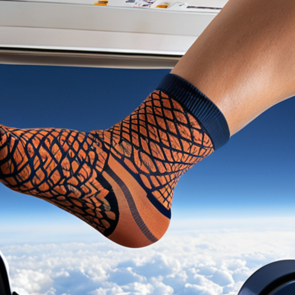 ** Compression socks being worn during a long flight, emphasizing comfort and reduced fatigue.

**