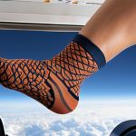 ** Compression socks being worn during a long flight, emphasizing comfort and reduced fatigue.

**