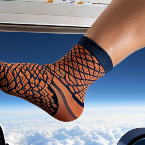 Home 19 ** Compression socks being worn during a long flight, emphasizing comfort and reduced fatigue.
**
