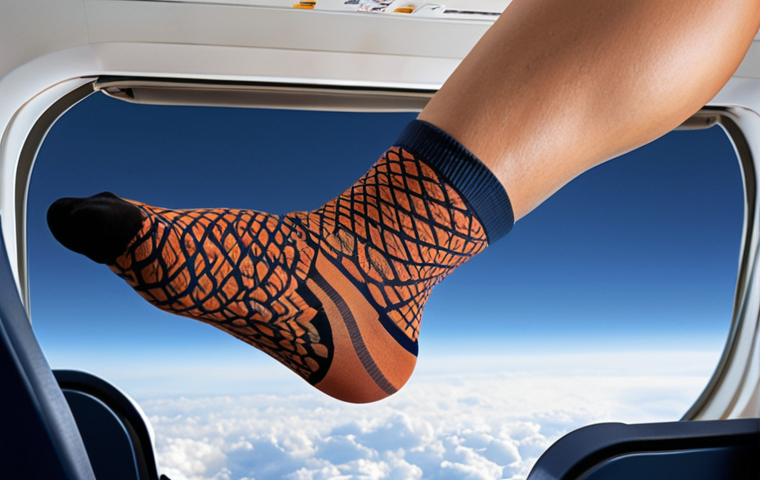 ** Compression socks being worn during a long flight, emphasizing comfort and reduced fatigue.

**