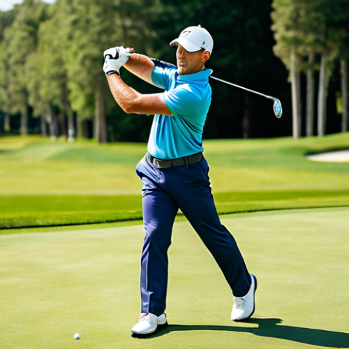 Home 18 A professional male golfer in his mid-30s, wearing a modest, fully clothed professional golf polo shirt and trousers, is captured mid-swing on a pristine, sun-drenched golf course. His high-tech wrist-support golf glove is clearly visible on his leading hand, indicating enhanced stability and power. The pose demonstrates perfect anatomy and correct proportions, with well-formed hands and proper finger count. The scene conveys confidence and precision, highlighting the benefit of advanced equipment for a natural body proportioned athlete. This image is safe for work, appropriate content, fully clothed, and family-friendly, showcasing professional athletic performance.