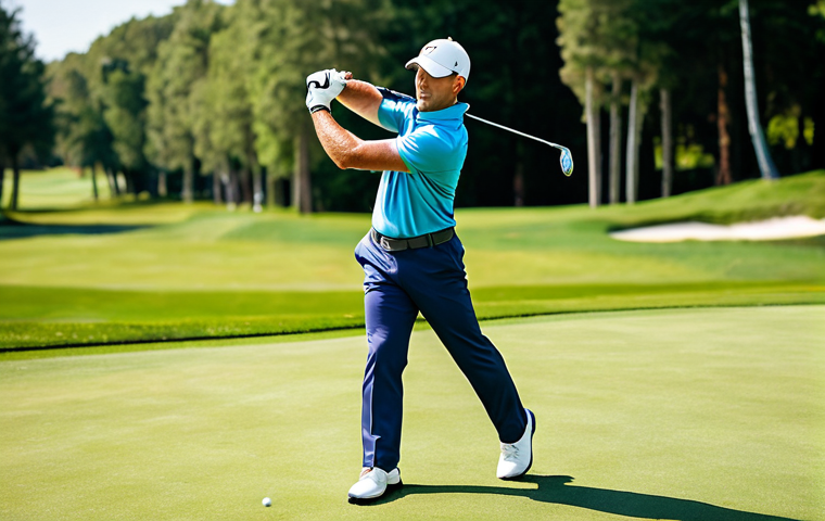 A professional male golfer in his mid-30s, wearing a modest, fully clothed professional golf polo shirt and trousers, is captured mid-swing on a pristine, sun-drenched golf course. His high-tech wrist-support golf glove is clearly visible on his leading hand, indicating enhanced stability and power. The pose demonstrates perfect anatomy and correct proportions, with well-formed hands and proper finger count. The scene conveys confidence and precision, highlighting the benefit of advanced equipment for a natural body proportioned athlete. This image is safe for work, appropriate content, fully clothed, and family-friendly, showcasing professional athletic performance.