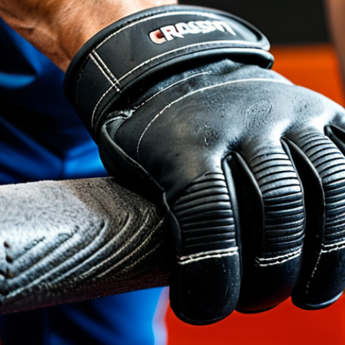 Home 8 ** A close-up shot of high-quality leather CrossFit gloves, slightly worn but well-maintained, resting on a textured weightlifting bar. Focus on the stitching and grip details. Include subtle sweat marks to indicate use. Background is blurred and shows a CrossFit gym setting. Safe for work, appropriate content, fully clothed (gloves cover hands), professional, modest.
**