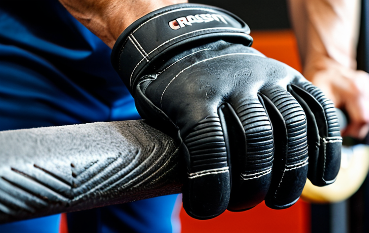 ** A close-up shot of high-quality leather CrossFit gloves, slightly worn but well-maintained, resting on a textured weightlifting bar. Focus on the stitching and grip details. Include subtle sweat marks to indicate use. Background is blurred and shows a CrossFit gym setting. Safe for work, appropriate content, fully clothed (gloves cover hands), professional, modest.

**